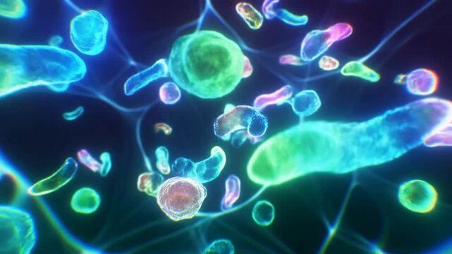 Slow tracking zoom shot of colorful microbes and bacteria drifting and swirling through microscopic lab culture and membrane network under neon glowing illumination