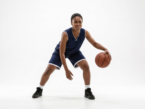 Female basketball player in low defensive stance in studio