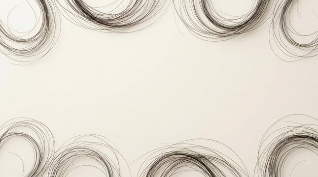 Dark brown hair strands arranged in circular patterns on a beige background