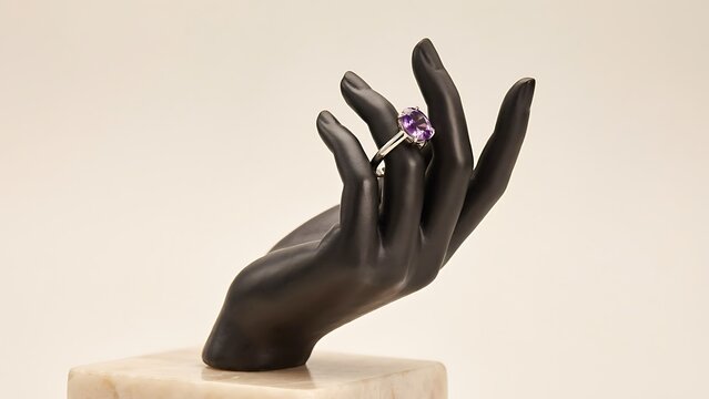 Elegant purple amethyst ring displayed on a sleek black hand mannequin, resting upon a beige marble base with soft ambient lighting