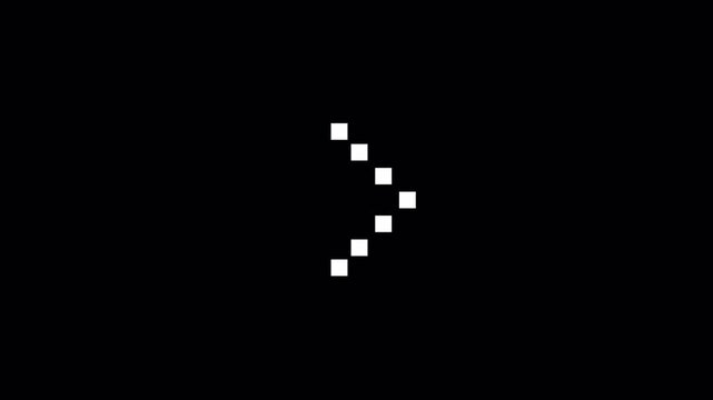 Dotted chevron built from seven white squares on black background. Perfect for retro menus, arcade interfaces, and pixel style pointers.