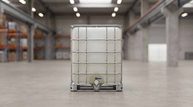 Industrial ibc container stored in a large modern warehouse facility with concrete flooring and metal shelves.