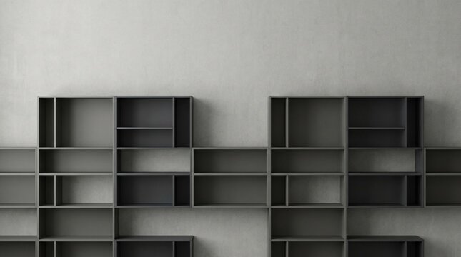 Empty dark gray modular shelving units against a light gray wall