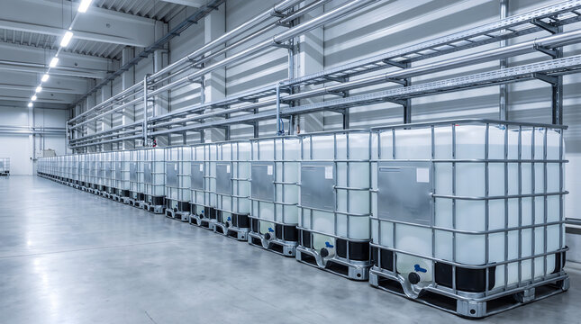 A long row of industrial ibc container units stored inside a modern warehouse facility with metal pipe systems