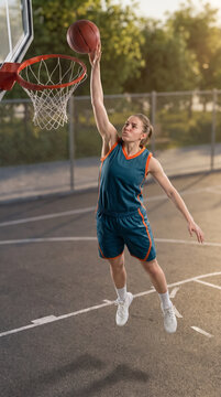 Female basketball player dunking on outdoor court