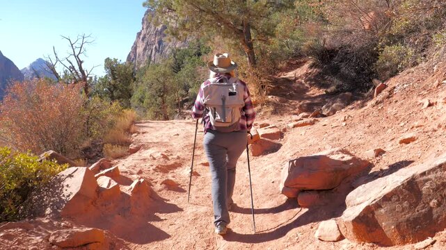 Female hiker with backpack and trekking poles walking a dusty red rock mountain trail in zion national park utah. Hiker enjoying sunny scenic landscape during her adventure. Back view following