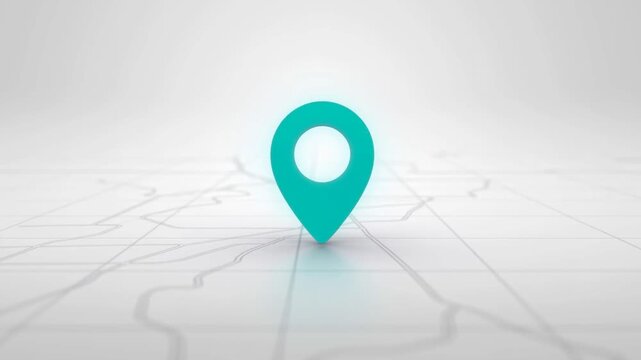Slow zoom tracking of teal map marker approaching and centering on grid map surface in minimal modern navigation interface
