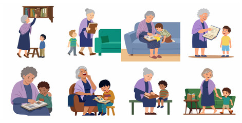 Fototapeta premium Grandmother and grandson looking at photo albums and reading books, intergenerational bonding flat vector illustration set