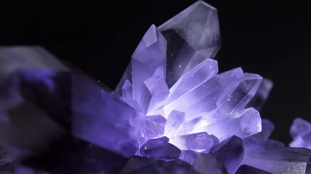 Tracking slow motion pan of amethyst crystal cluster rotating and glowing on dark studio tabletop with soft backlight close up