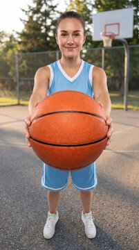 Female basketball player holding ball on outdoor court