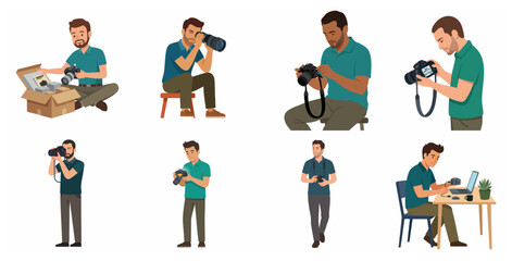 Fototapeta premium Professional male photographer character set in different poses and activities including unboxing equipment, shooting with DSLR, reviewing images, and editing on a laptop