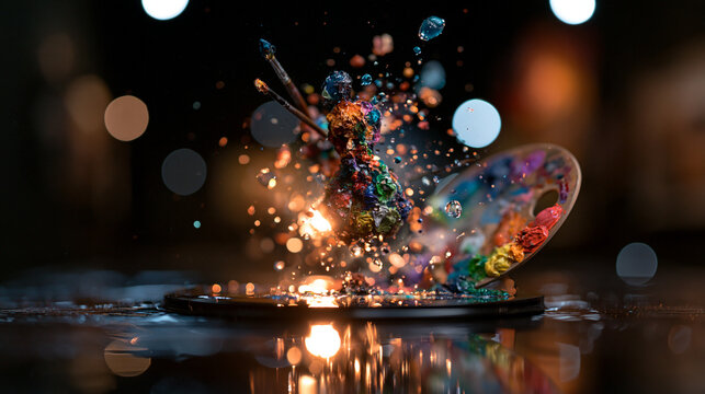 Colorful Paint Exploding from Artist Palette with Paintbrushes