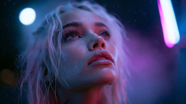 Blonde Woman Looking Up Under Neon Lights in Rain
