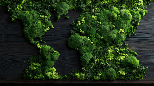 World Map Made of Green Moss on Dark Wooden Background