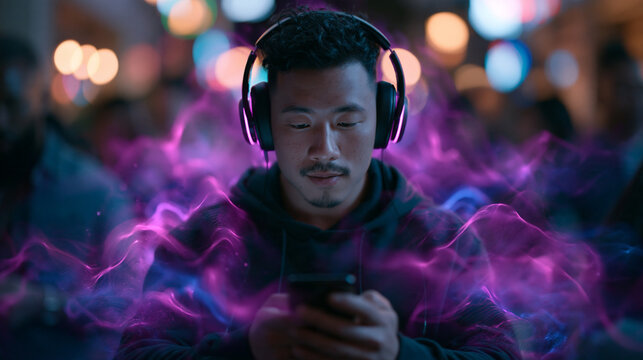 Young Asian Man Listening to Music With Glowing Headphones