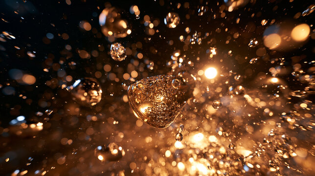 Golden Water Droplets Splashing with Warm Bokeh Lights