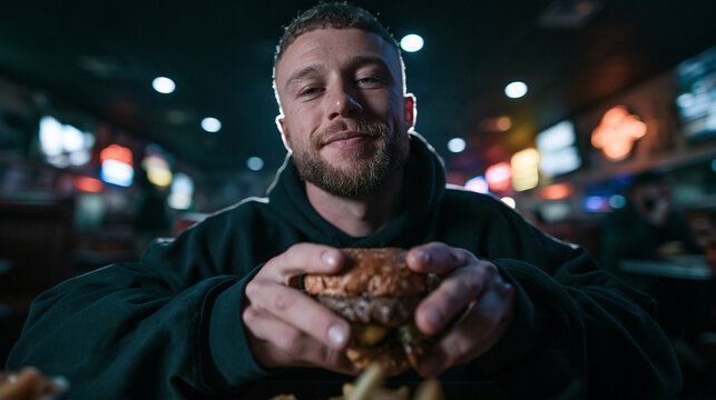 Smiling Young Man Holding Burger at Diner