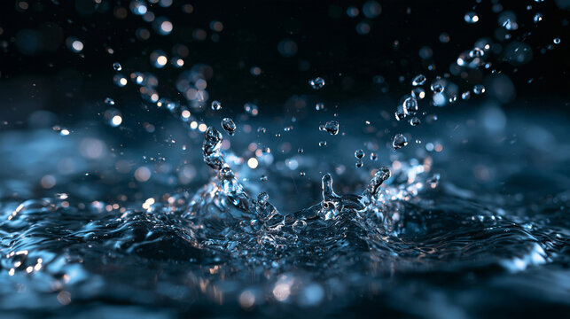 Water Splash with Floating Droplets on Dark Background
