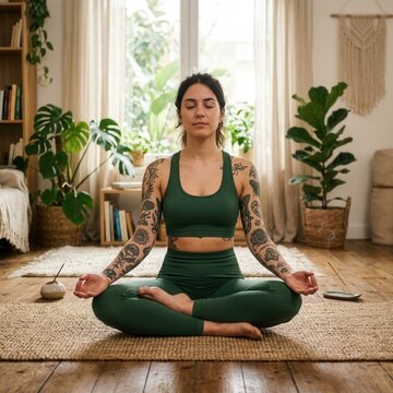 Young Woman Meditating in Lotus Pose at Home Practicing Yoga for Mindfulness and Inner Peace