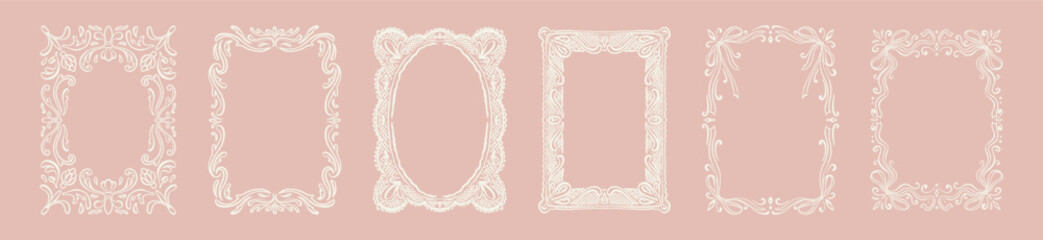 Obraz premium Set of hand drawn doodle whimsical lace frame. Baroque, rococo, renaissance style sketch linear crayon border. Victorian French, Parisian, Italian boarder for lace wedding invitation with coquette bow