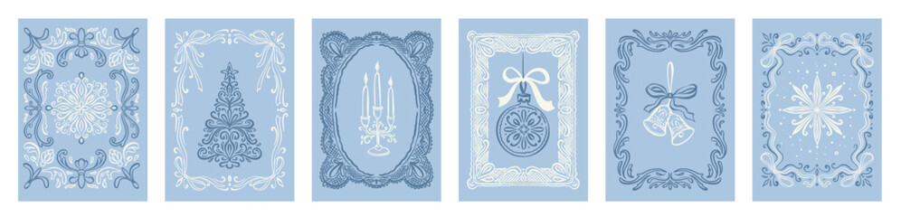 Fototapeta premium Merry Christmas and Happy New Year filigree victorian greeting card set. Embroidery lace coquettish frames. Baroque, rococo Christmas tree poster with ribbon bows. Aesthetic whimsical doodle snowflake