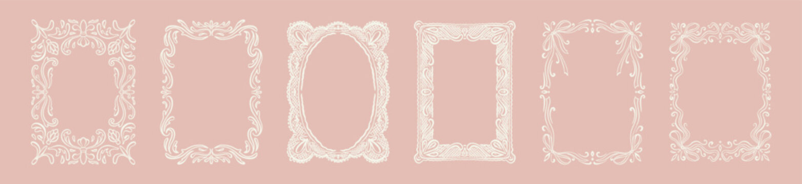 Set of hand drawn doodle whimsical lace frame. Baroque, rococo, renaissance style sketch linear crayon border. Victorian French, Parisian, Italian boarder for lace wedding invitation with coquette bow