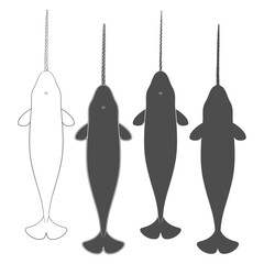 Set of black and white illustrations animal narwhal, sea unicorn. Isolated vector objects on white background. © rizik_pic