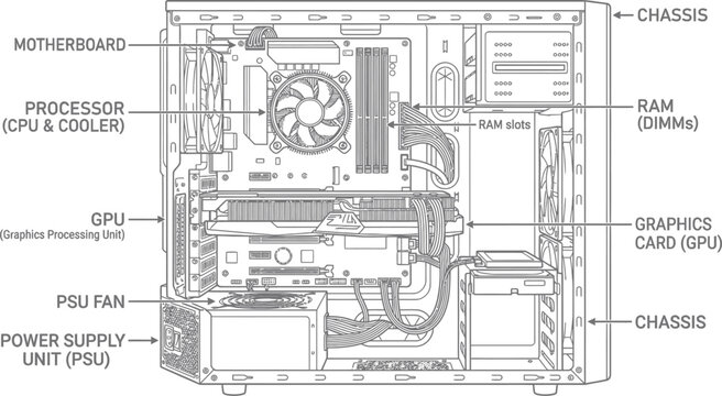 desktop computer hardware components inside pc case labeled line art vector illustration