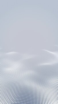 Light gray dot particle terrain flows soft waves on a clean background. White dot wave flows across a soft grey space. Clean surface smooth depth blur. Vertical mobile video motion, 4K seamless loop.