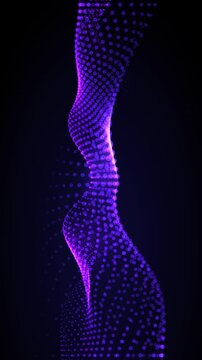 Purple pink dot particles twist into a glowing vertical column on black background. loop Purple particle vortex 3d illustration. Vertical rotation of dots. Digital tornado. Techno whirlwind.