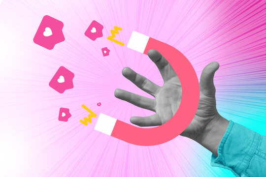 Hand holding giant magnet attracting social media like icons on vibrant pop art background. Customer engagement, social media marketing, audience attraction, lead and digital strategy concept.