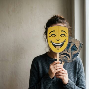 Woman Hiding Emotions Behind Happy and Sad Masks Duality of Feelings Masking True Self