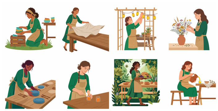 Set of diverse women in green dresses and aprons preparing for a garden party, hostesses arranging flowers, food, and decor in flat vector illustration style