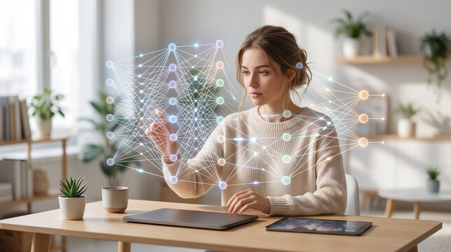 Thoughtful woman touching glowing digital network structure
