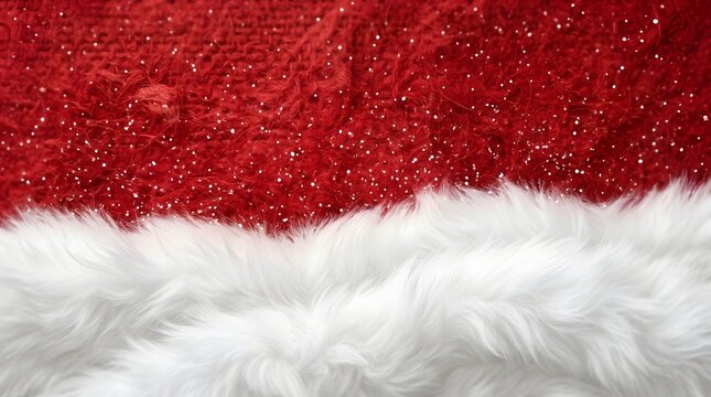 Close up of a santa claus hat with fluffy white trim and vibrant red fabric
