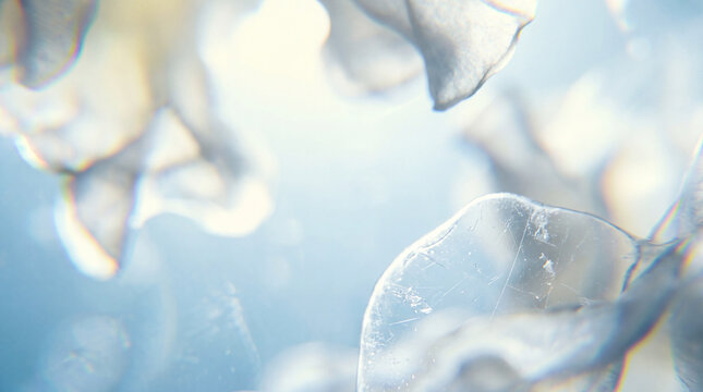 A high-quality macro close-up of transparent plastic film with beautiful light refraction, soft bokeh, and ethereal textures, ideal for abstract background designs.