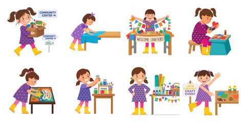 Fototapeta premium Little girl participating in community center arts and crafts workshop activities, character illustration set