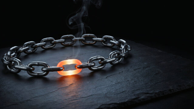 Supply chain weak link concept with a glowing overheated metal link in a chain loop on dark slate, concept