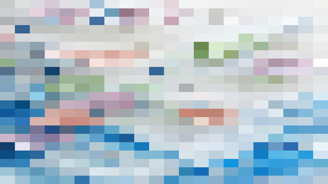 Abstract digital background, featuring a mosaic, of small rectangular, pixels in shades, of blue, grey, white, and soft, muted pink tones