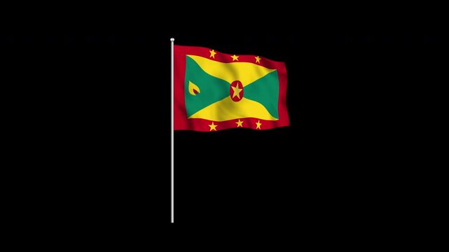 Animation of the Grenada flag fluttering on a flagpole against a transparent background in 4K