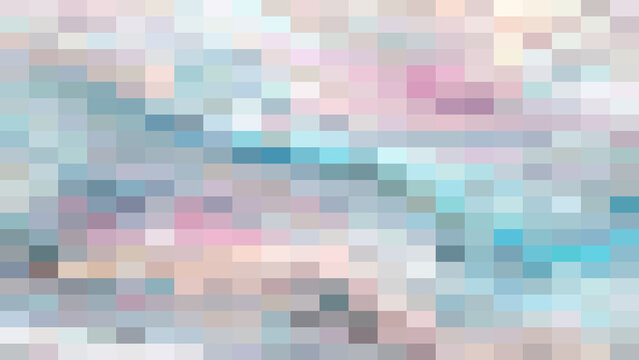 Abstract digital background, featuring a mosaic, of small rectangular, pixels in soft, pastel shades of, blue, pink, grey, and white colors