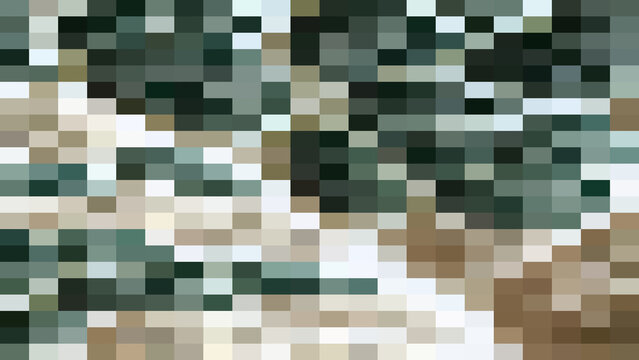 Geometric pixel mosaic background, with a camouflage, color palette of, dark green, brown, white, and grey, square blocks in, a structured grid