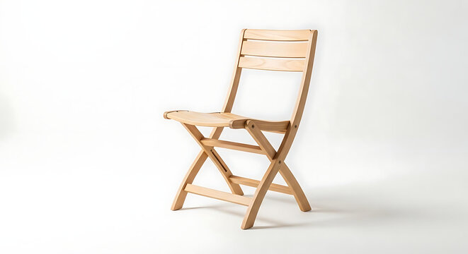 A single light wooden folding chair stands isolated on a plain white studio background surface with chair positioned