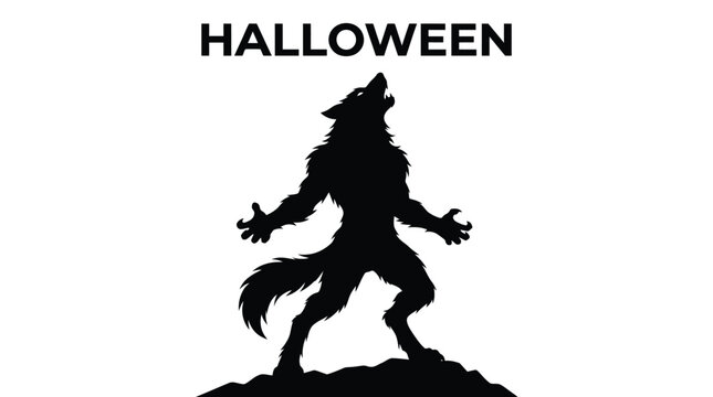 Ferocious werewolf howling at full moon silhouette graphic illustration for spooky horror holiday event
