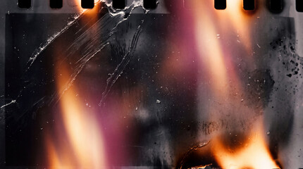 A high-resolution background featuring a damaged vintage film strip with realistic light leaks, heavy scratches, dust particles, and burnt edges.