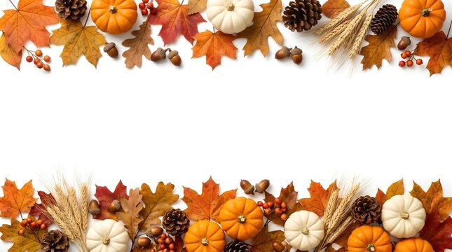 Autumn border with pumpkins and colorful leaves on a white background for fall season