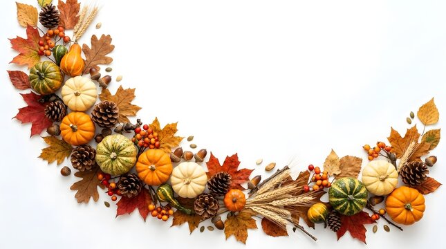 Autumn floral arrangement in a crescent shape with dried flowers and warm colors