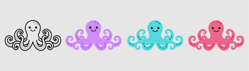 Set of happy octopus vector illustration set, marine animal cartoon clipart bundle, ocean creature outline flat design pack, cute aquatic mascot, sea life digital download cutting files © DesignwithArif