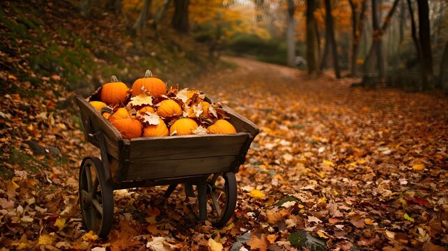A wooden wheelbarrow filled with pumpkins and surrounded leaves