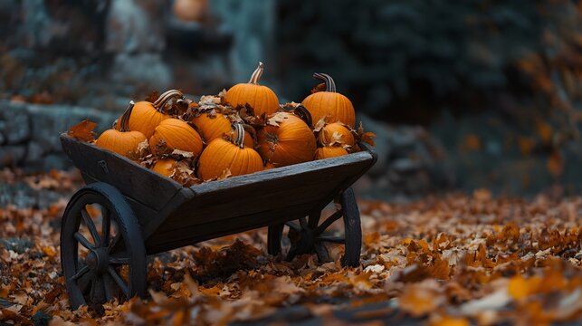 A wooden wheelbarrow filled with pumpkins and surrounded leaves